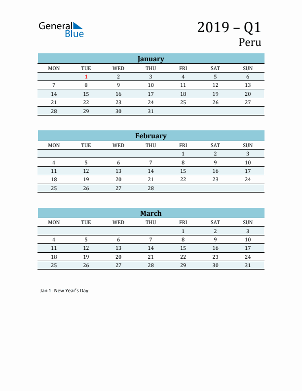 Three-Month Planner for Q1 2019 with Holidays - Peru
