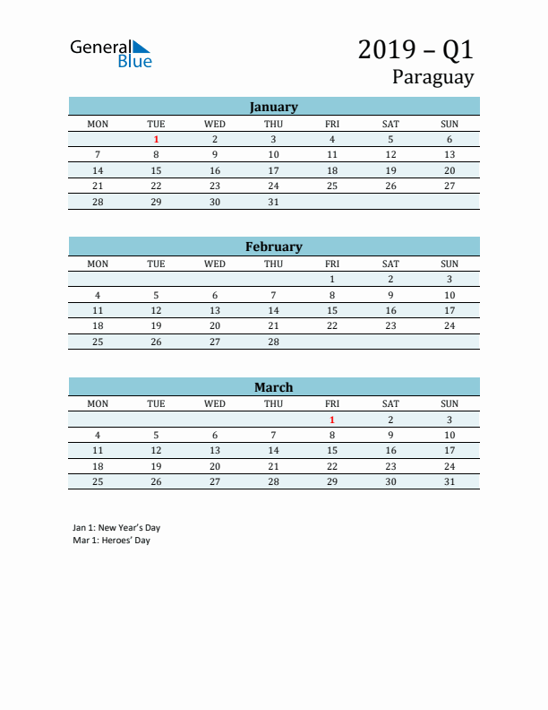 Three-Month Planner for Q1 2019 with Holidays - Paraguay