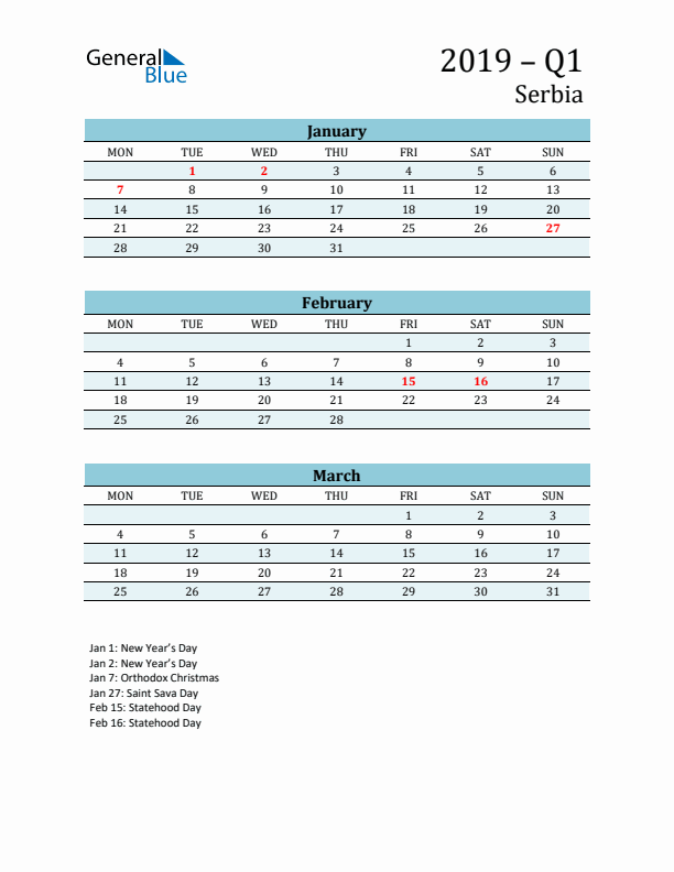 Three-Month Planner for Q1 2019 with Holidays - Serbia