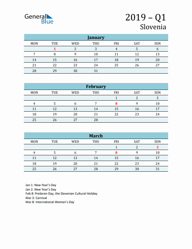 Three-Month Planner for Q1 2019 with Holidays - Slovenia
