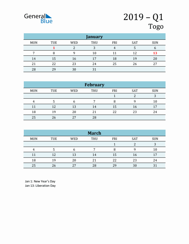 Three-Month Planner for Q1 2019 with Holidays - Togo