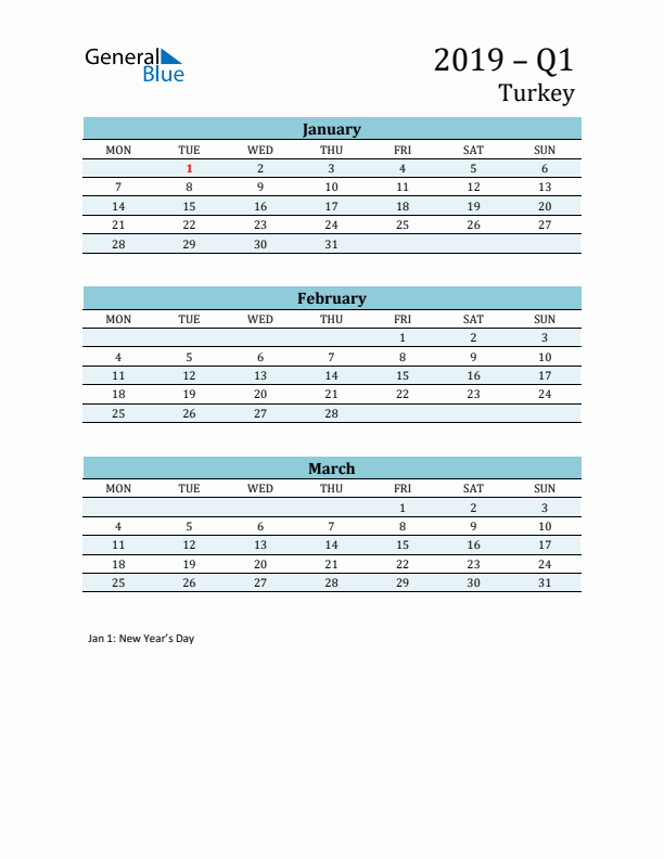 Three-Month Planner for Q1 2019 with Holidays - Turkey