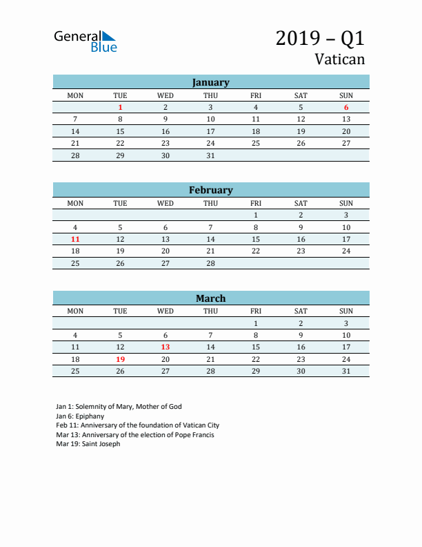 Three-Month Planner for Q1 2019 with Holidays - Vatican