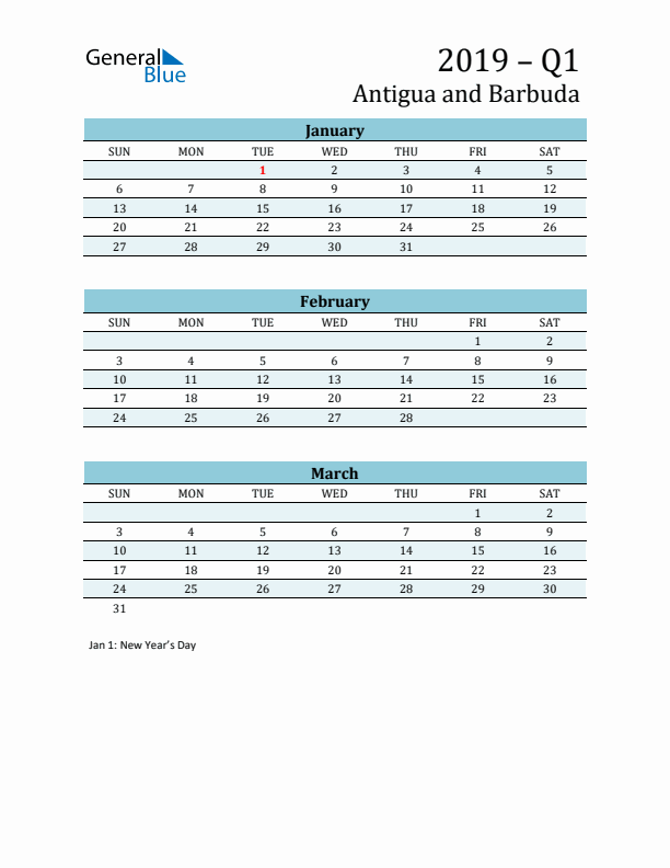 Three-Month Planner for Q1 2019 with Holidays - Antigua and Barbuda