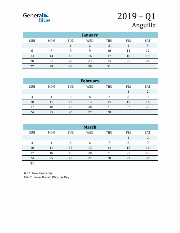 Three-Month Planner for Q1 2019 with Holidays - Anguilla