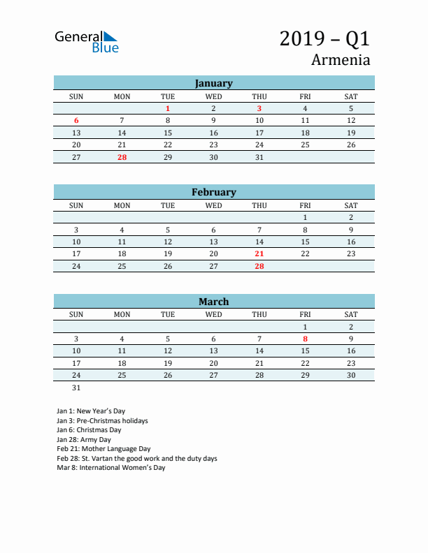 Three-Month Planner for Q1 2019 with Holidays - Armenia