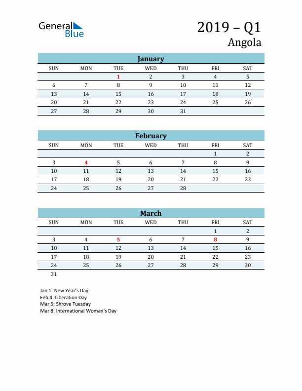 Three-Month Planner for Q1 2019 with Holidays - Angola