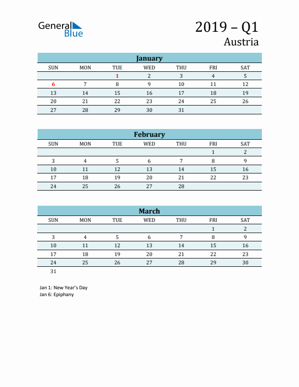 Three-Month Planner for Q1 2019 with Holidays - Austria