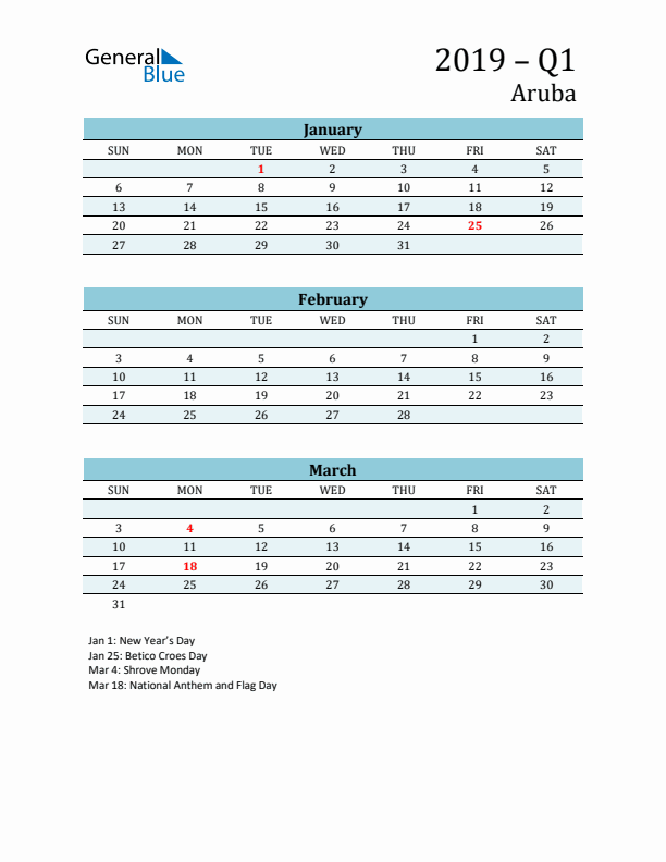 Three-Month Planner for Q1 2019 with Holidays - Aruba