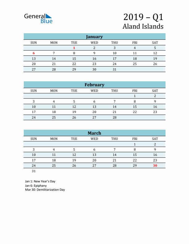 Three-Month Planner for Q1 2019 with Holidays - Aland Islands