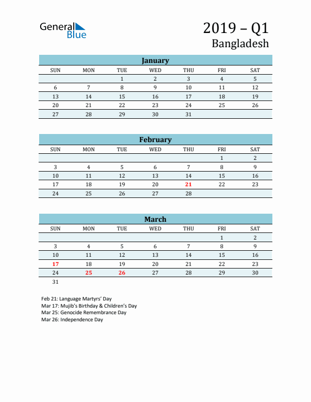 Three-Month Planner for Q1 2019 with Holidays - Bangladesh