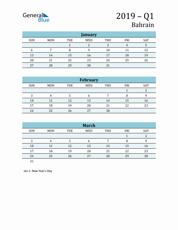 Three-Month Planner for Q1 2019 with Holidays - Bahrain