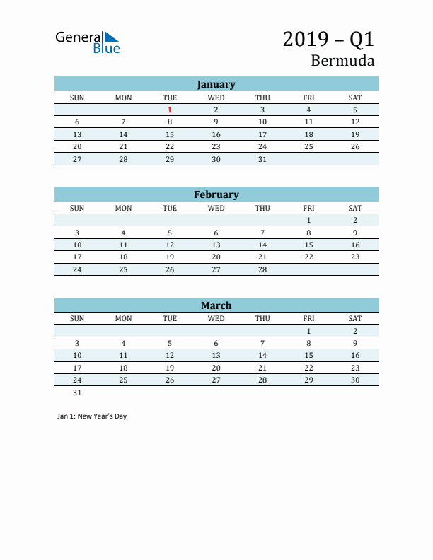 Three-Month Planner for Q1 2019 with Holidays - Bermuda