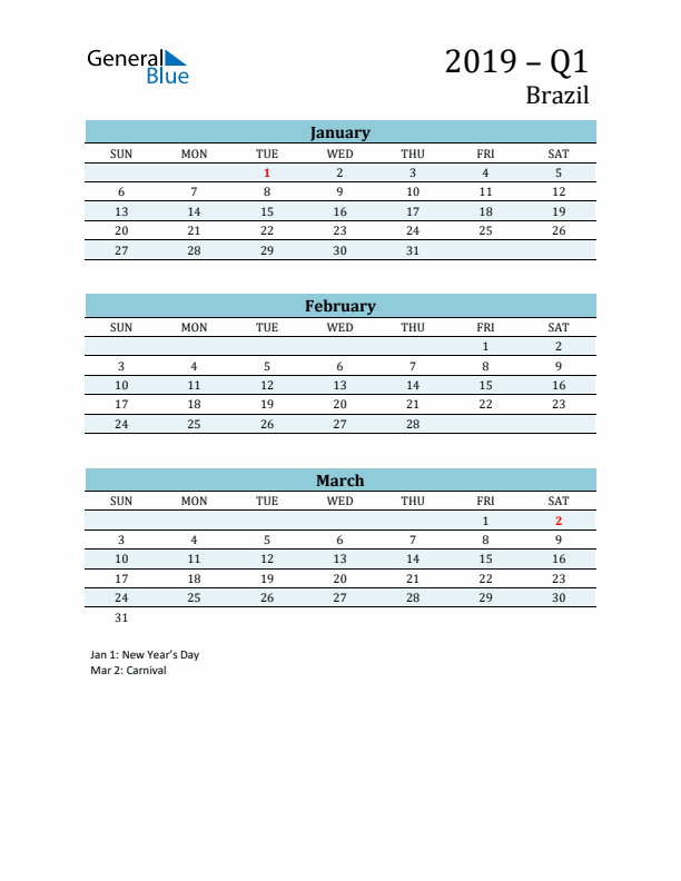 Three-Month Planner for Q1 2019 with Holidays - Brazil
