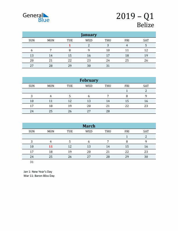 Three-Month Planner for Q1 2019 with Holidays - Belize