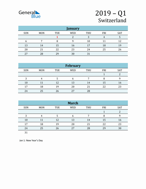 Three-Month Planner for Q1 2019 with Holidays - Switzerland