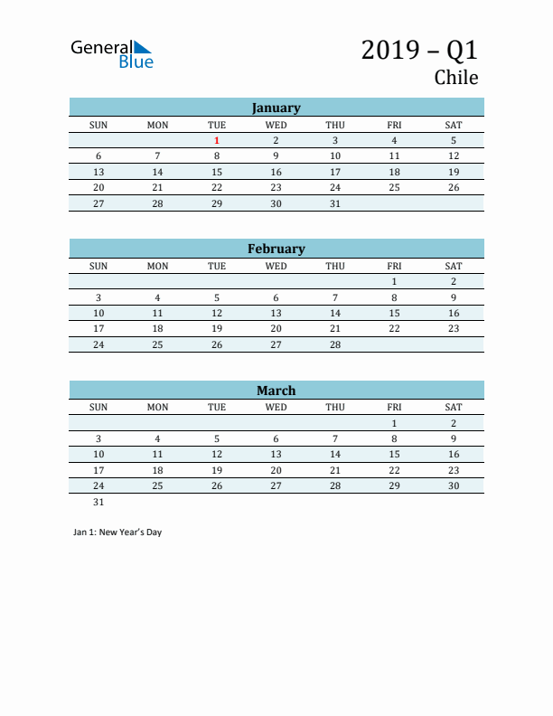 Three-Month Planner for Q1 2019 with Holidays - Chile