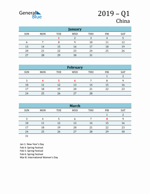 Three-Month Planner for Q1 2019 with Holidays - China