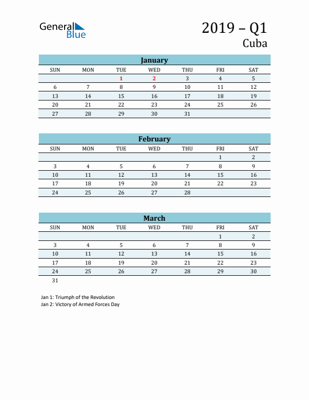 Three-Month Planner for Q1 2019 with Holidays - Cuba