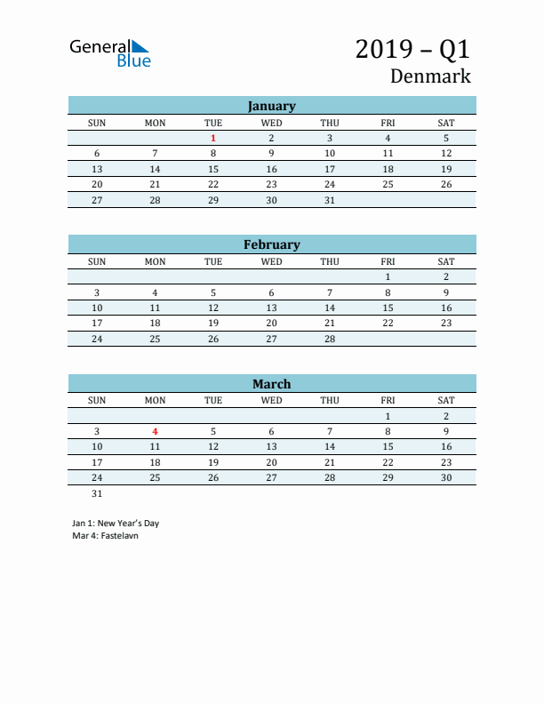 Three-Month Planner for Q1 2019 with Holidays - Denmark