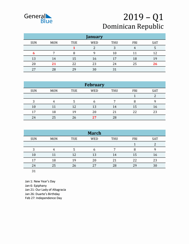 Three-Month Planner for Q1 2019 with Holidays - Dominican Republic