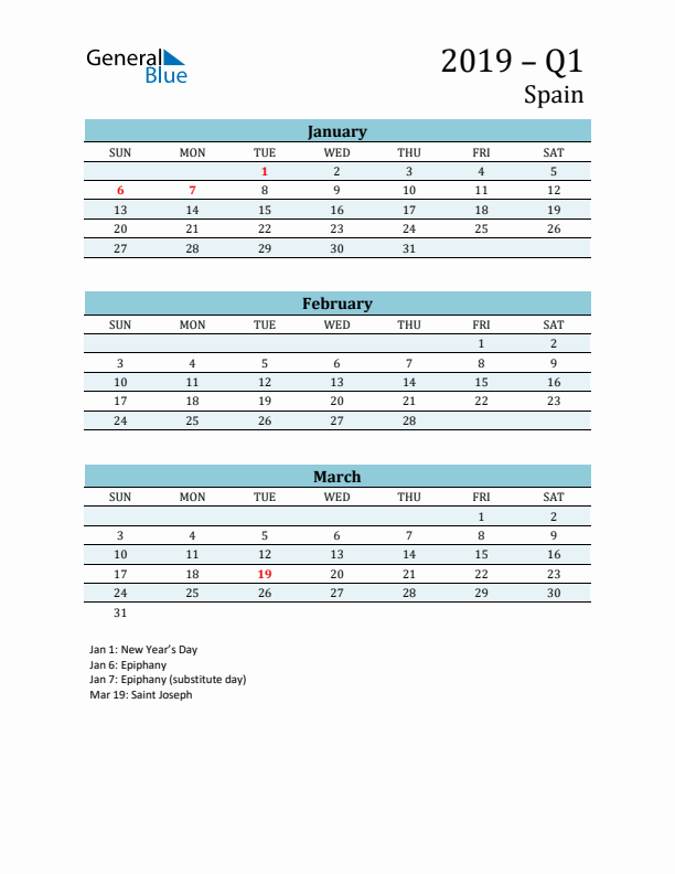 Three-Month Planner for Q1 2019 with Holidays - Spain