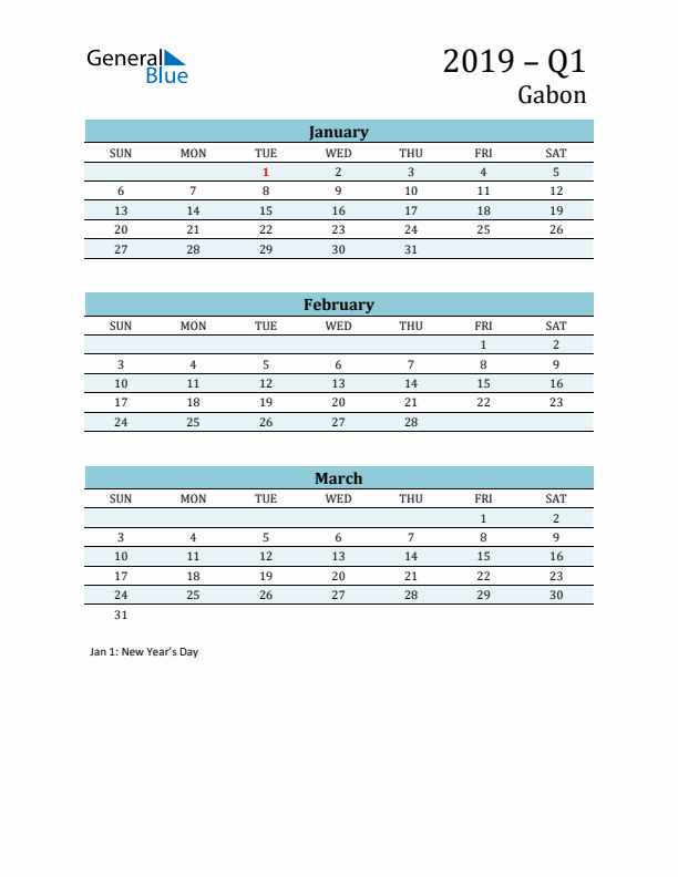 Three-Month Planner for Q1 2019 with Holidays - Gabon