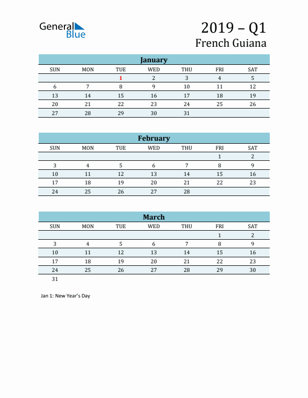 Three-Month Planner for Q1 2019 with Holidays - French Guiana