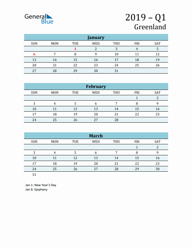 Three-Month Planner for Q1 2019 with Holidays - Greenland