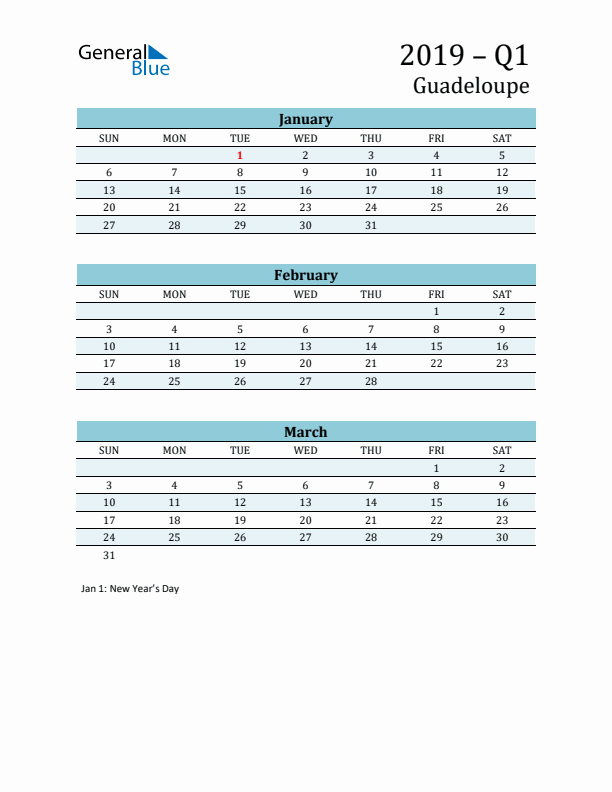 Three-Month Planner for Q1 2019 with Holidays - Guadeloupe