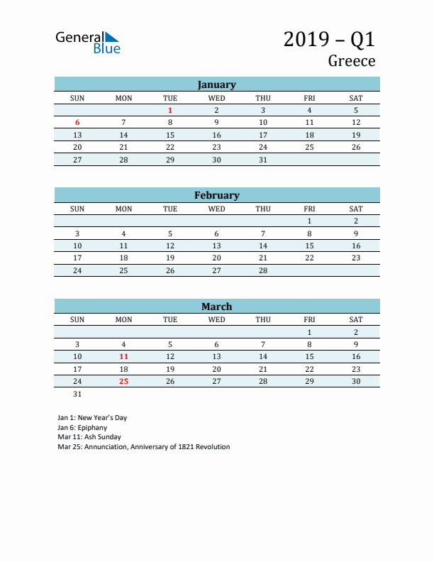 Three-Month Planner for Q1 2019 with Holidays - Greece