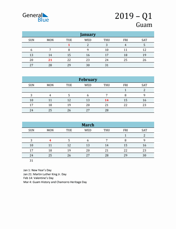 Three-Month Planner for Q1 2019 with Holidays - Guam