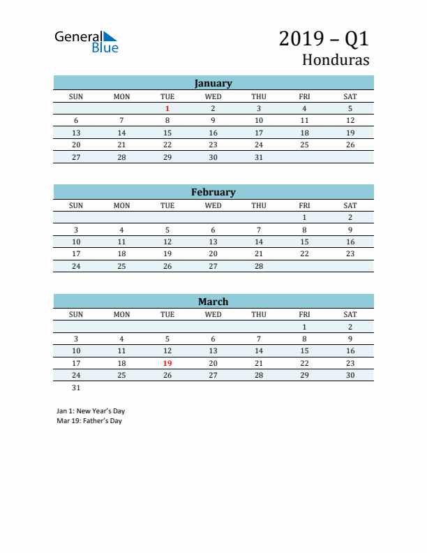 Three-Month Planner for Q1 2019 with Holidays - Honduras