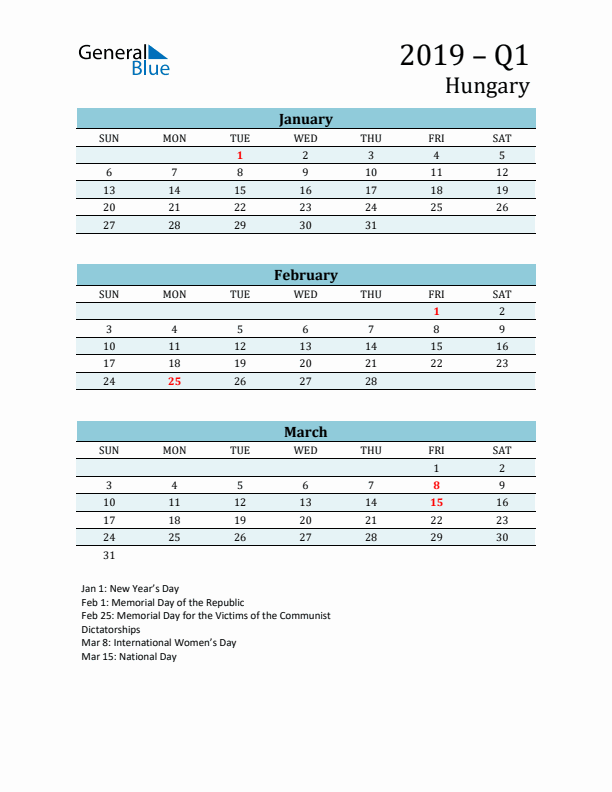Three-Month Planner for Q1 2019 with Holidays - Hungary