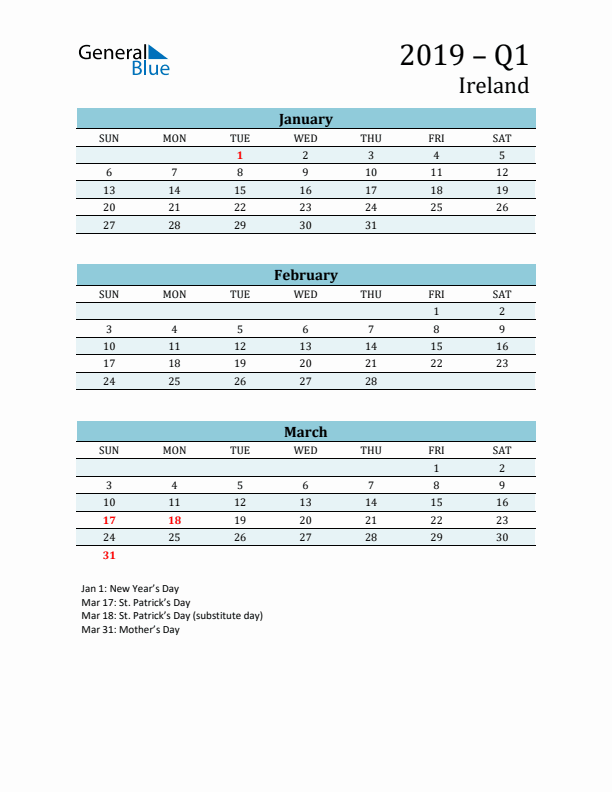 Three-Month Planner for Q1 2019 with Holidays - Ireland