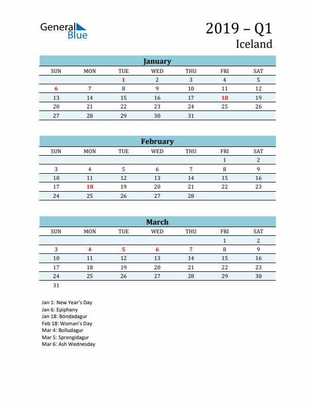Three-Month Planner for Q1 2019 with Holidays - Iceland
