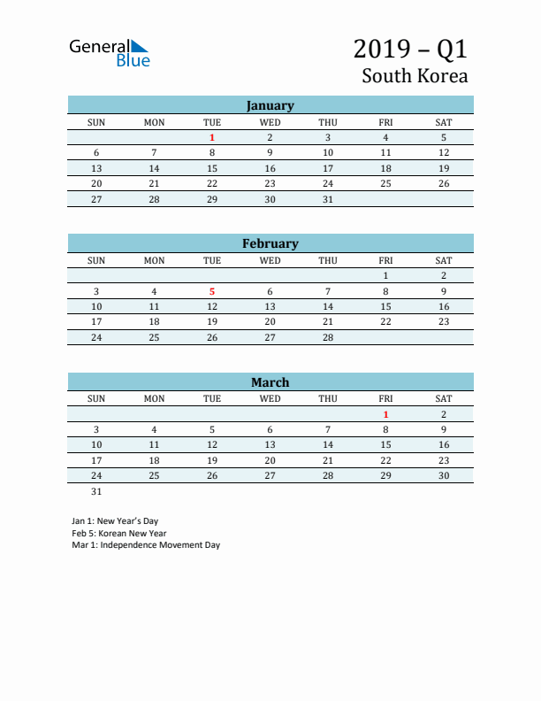 Three-Month Planner for Q1 2019 with Holidays - South Korea