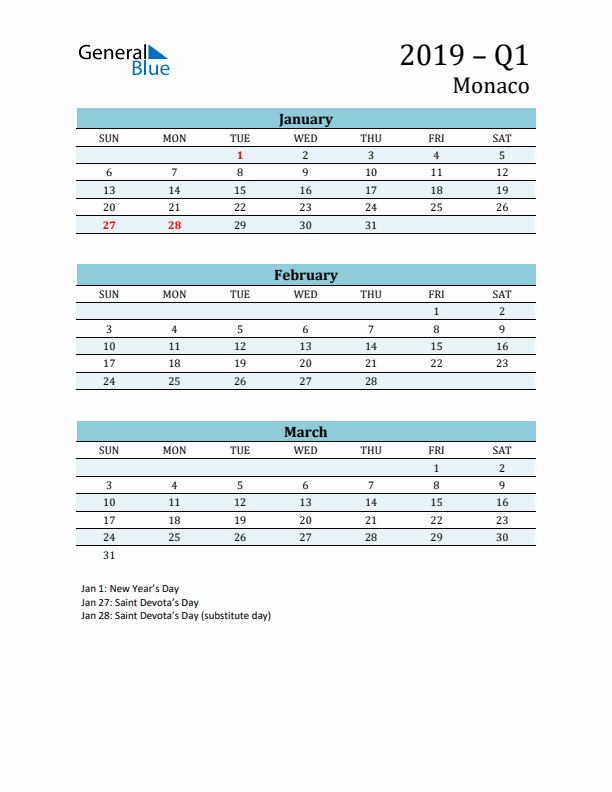 Three-Month Planner for Q1 2019 with Holidays - Monaco