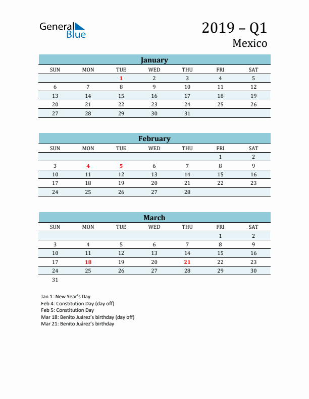 Three-Month Planner for Q1 2019 with Holidays - Mexico