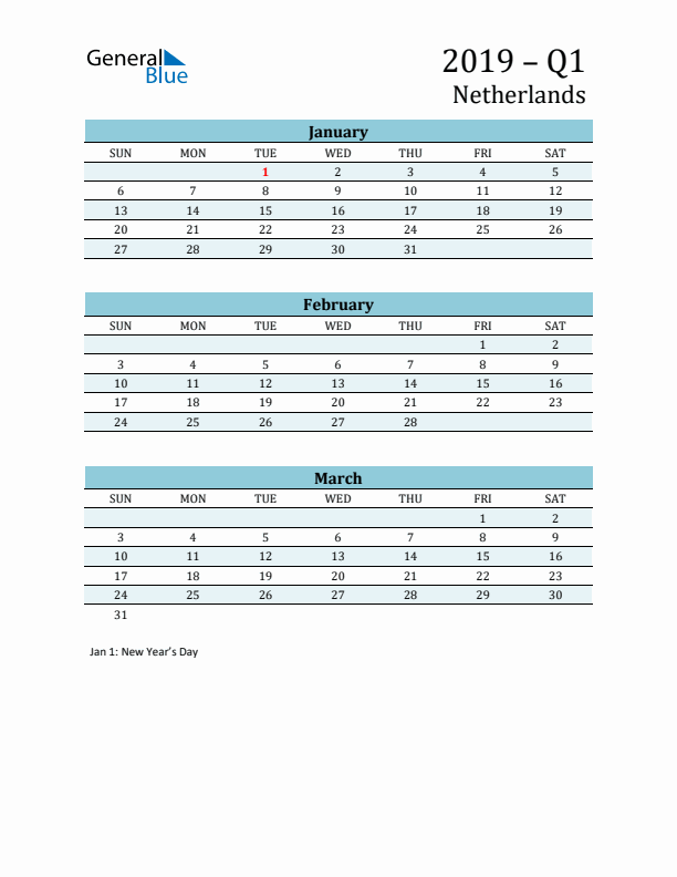 Three-Month Planner for Q1 2019 with Holidays - The Netherlands