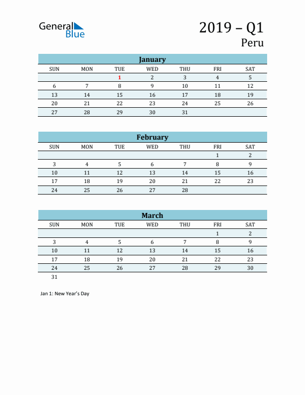 Three-Month Planner for Q1 2019 with Holidays - Peru
