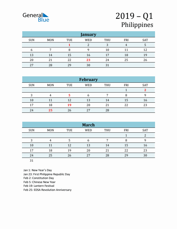 Three-Month Planner for Q1 2019 with Holidays - Philippines