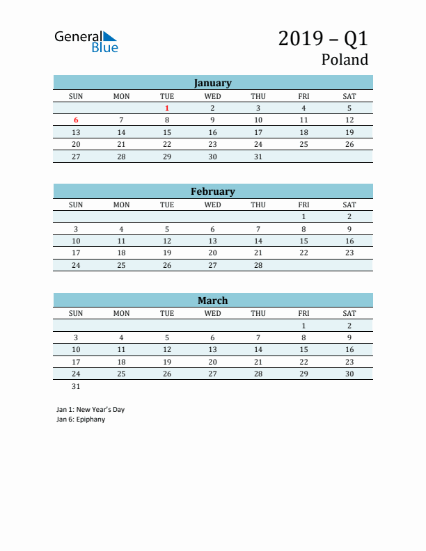 Three-Month Planner for Q1 2019 with Holidays - Poland