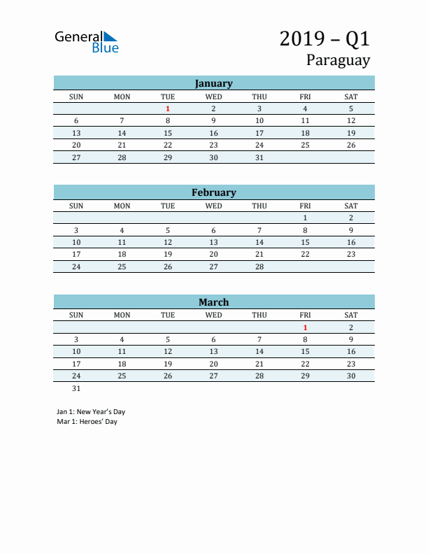 Three-Month Planner for Q1 2019 with Holidays - Paraguay