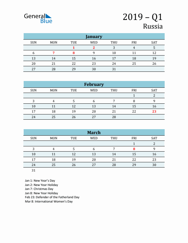 Three-Month Planner for Q1 2019 with Holidays - Russia