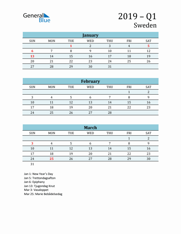 Three-Month Planner for Q1 2019 with Holidays - Sweden