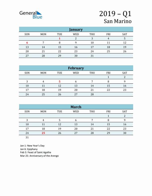 Three-Month Planner for Q1 2019 with Holidays - San Marino
