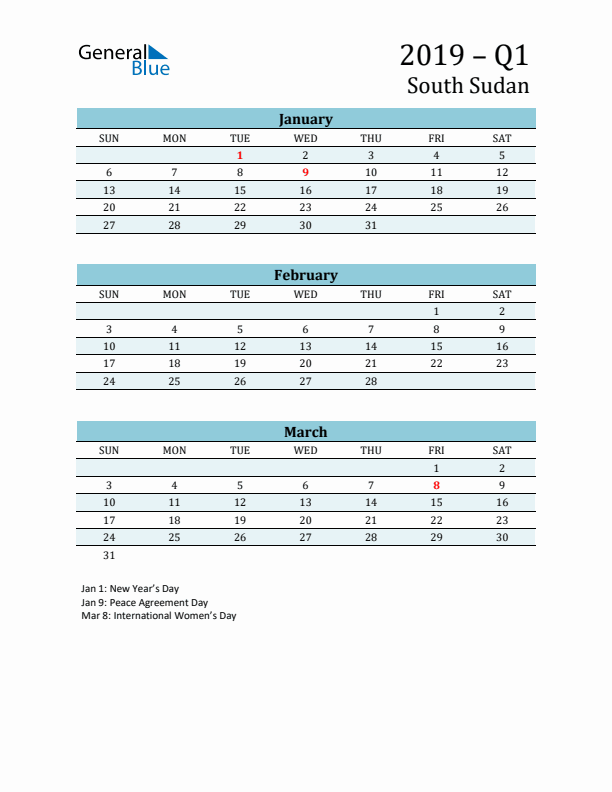 Three-Month Planner for Q1 2019 with Holidays - South Sudan