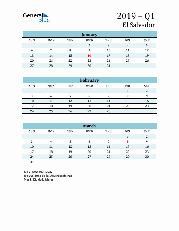 Three-Month Planner for Q1 2019 with Holidays - El Salvador