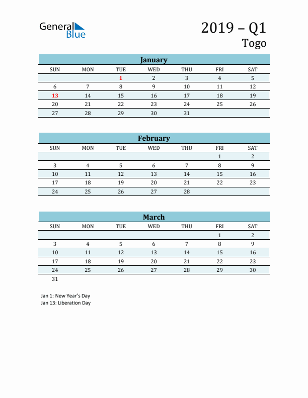 Three-Month Planner for Q1 2019 with Holidays - Togo